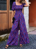 All-Over Print Ruffled Detail, Fluffy Sleeve Wide-Leg Jumpsuit - Mixed colors