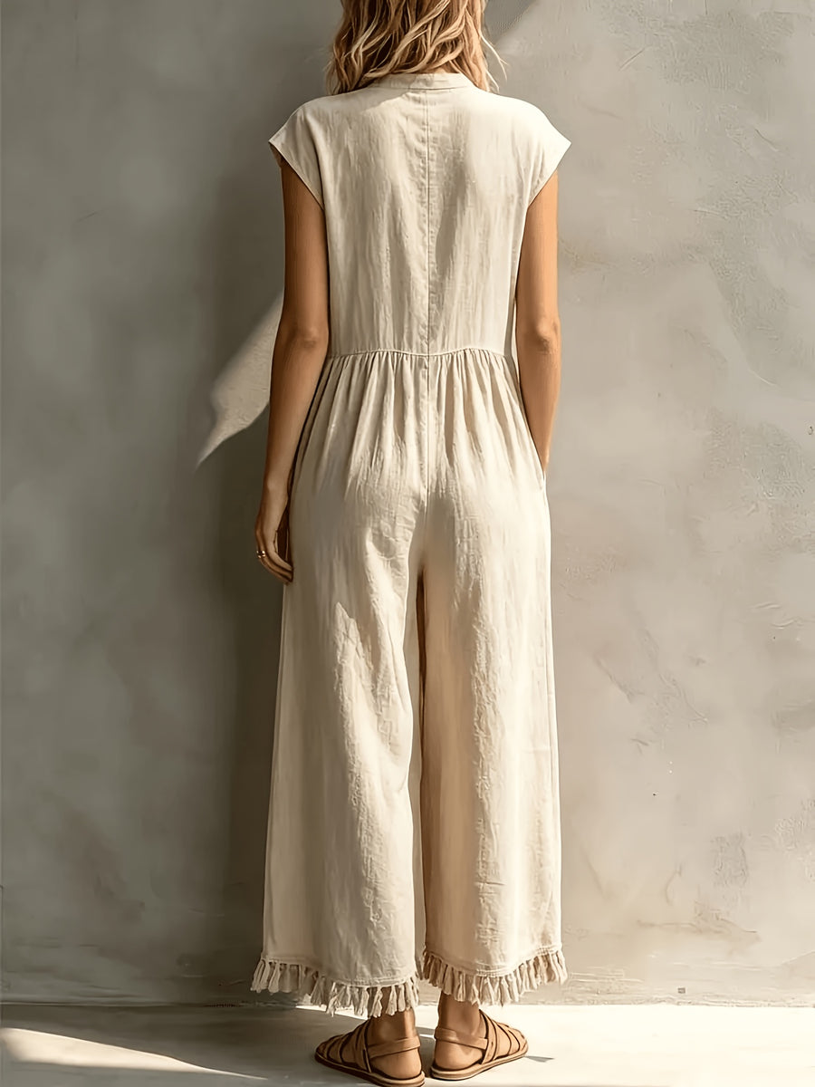 Bohemian Embroidered Sleeveless Jumpsuit Women'S Summer V-Neck Button-Ruffle Wide-Leg Overalls ZCDX - Off-white
