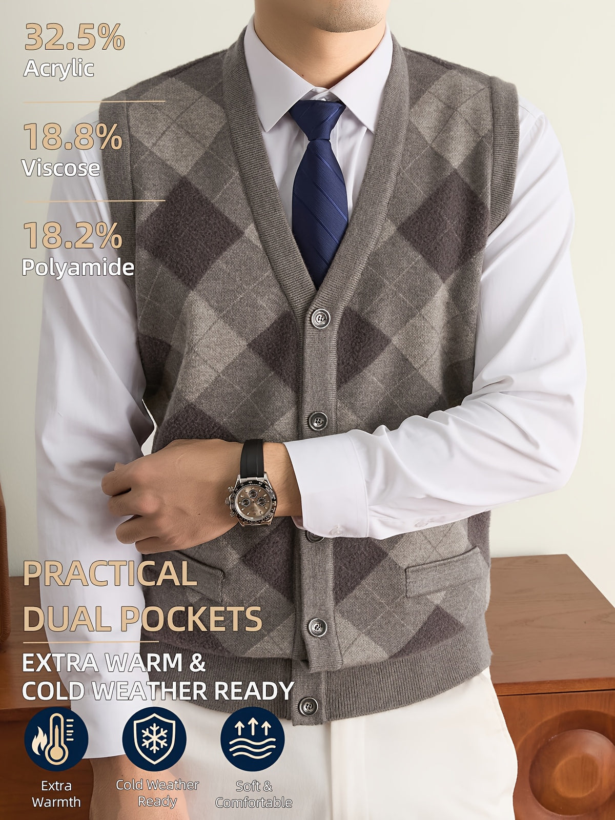 New Autumn/Winter Men's Knitted Vest with V-Neck, Tie Pockets, and Rhombus Pattern Design. Warm, Cold-Resistant, Soft, and Comfortable Sweater Vest. Simple, Elegant, and Versatile, Suitable for Daily, Business, Casual, and Camping Wear. The First - Camel