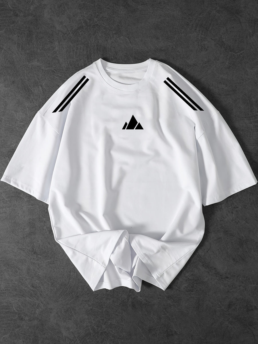 New Summer Men'S Round Neck Short Sleeve Geometric Graphic Print Design Regular Fit Comfortable Fabric Street Style Trendy Versatile Style Suitable for Sports And Daily Wear - White