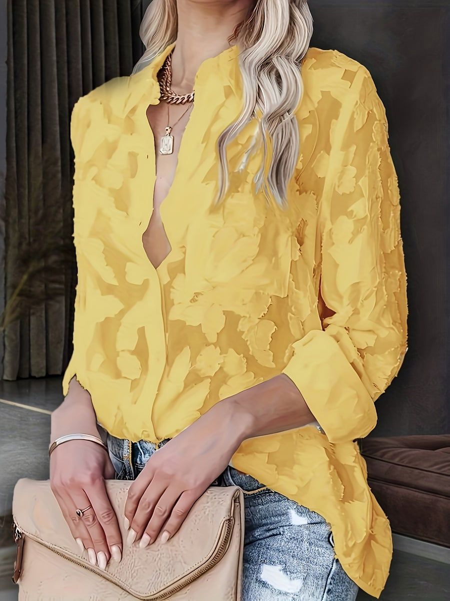 Elegant Women's Blouse, Long-sleeve Jacquard Top, 100% Polyester Solid Color, Button Details, Fabric, Suitable for Spring, Summer, and Autumn - Lemon Yellow