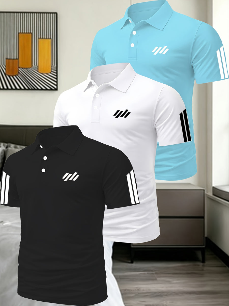 Men'S Exquisite Solid Color Polo Shirt 3pcs Set Multi-Pc Golf Casual Top - Black, White, Sky Blue