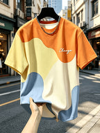 Men'S Casual Round Neck T-Shirt, Geometric Pattern Patchwork Striped Design, Chicago Word Pattern, Drapey Fashion Top, All-Season Wear, Breathable Regular Fit for Casual And Formal Outfits - Round Neck Casual Top, Comfortable Wear - Mixed Color 3