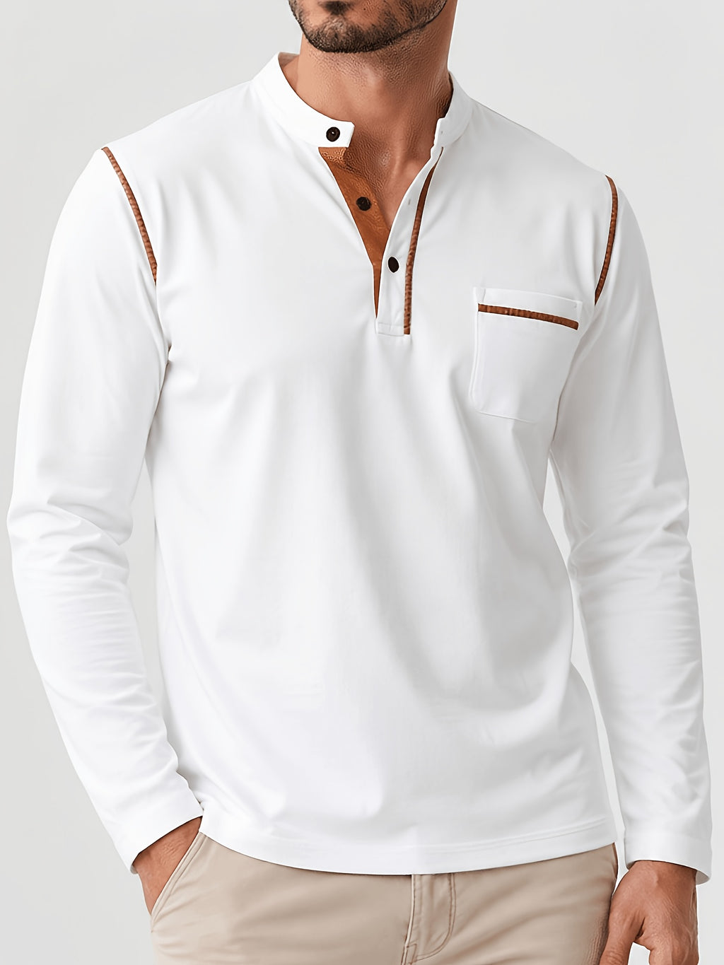 2pcs Men'S Autumn Winter Stand-Collar Long Sleeve Henley Shirts, Contrast Color Pinstripe Polo Shirts with Pockets, Soft And Breathable Sweat-Absorbing, Business Casual Basic Long Sleeve Top, Skin-Friendly Soft Fabric Comfortable, Sweat-Resistant - White + Army Green