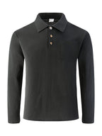 Men'S Linen Long Sleeve Polo Shirt with Chest Pocket - Black