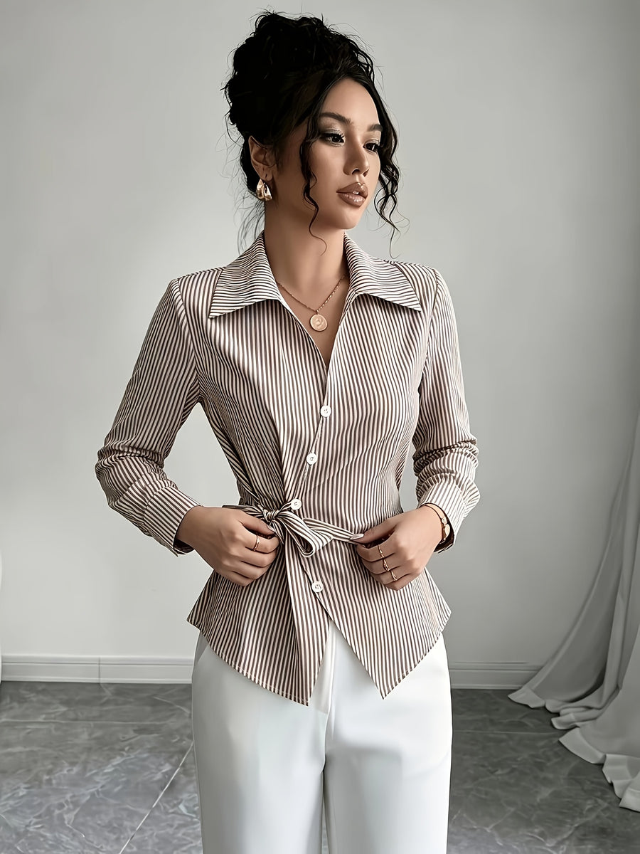 Stylish Long-sleeved Womens Shirt a New Luxuryversatile Top That Helps to Conceal Body Flaws and Create a Slimmer Appearancestripedtiedback Shirt for Women. - Coffee Brown