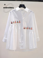 Women's Loose-Fit Long-Sleeve White Embroidered Cartoon Pattern Shirt, New Spring/Autumn Artistic Style Versatile Commuter Top - White