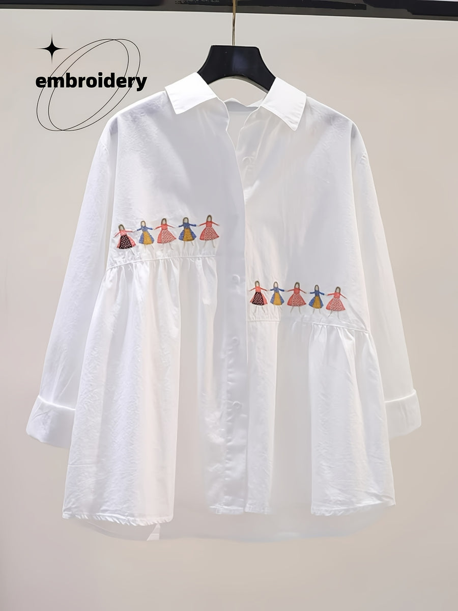 Women's Loose-Fit Long-Sleeve White Embroidered Cartoon Pattern Shirt, New Spring/Autumn Artistic Style Versatile Commuter Top - White