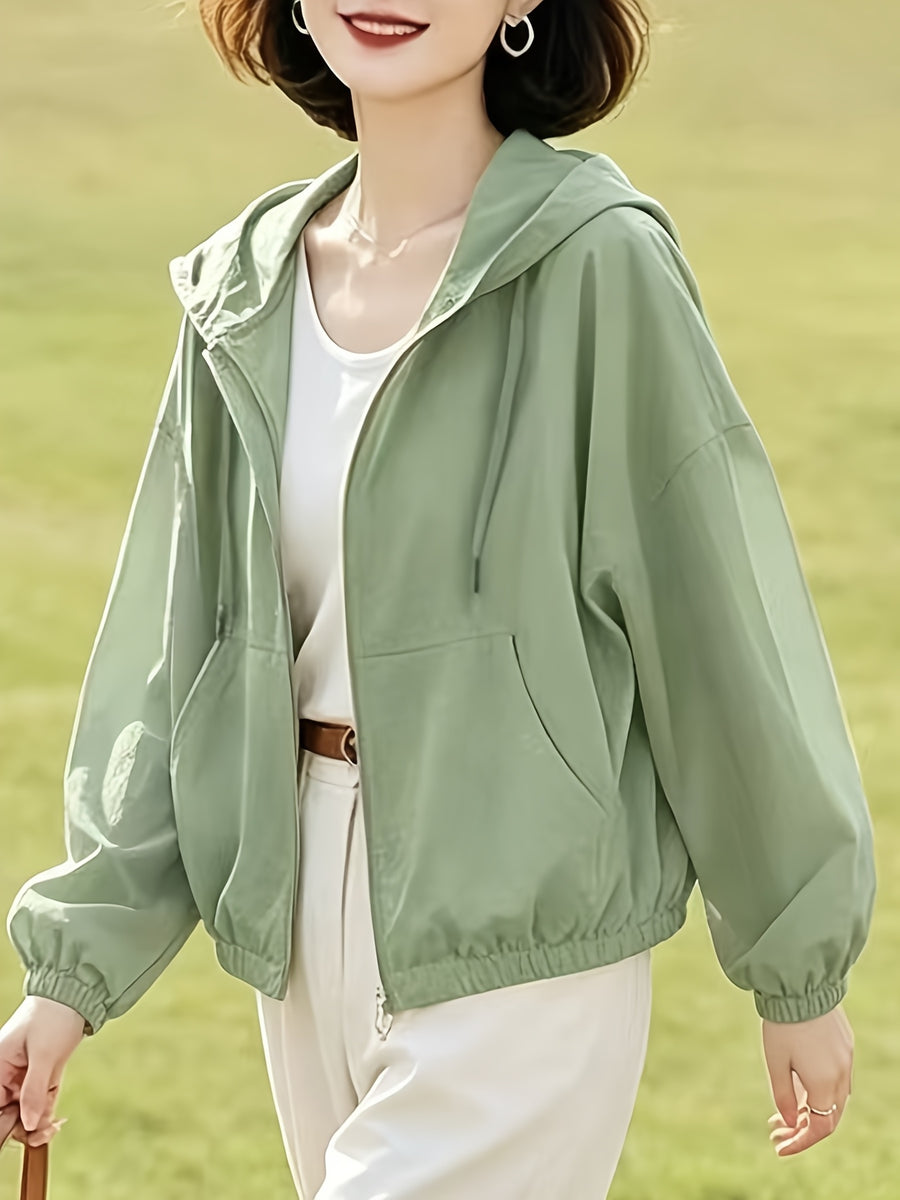New Short Hooded Spring/Autumn Lightweight Loose-Fit Jacket Top for Petite Women - Pea Green Color