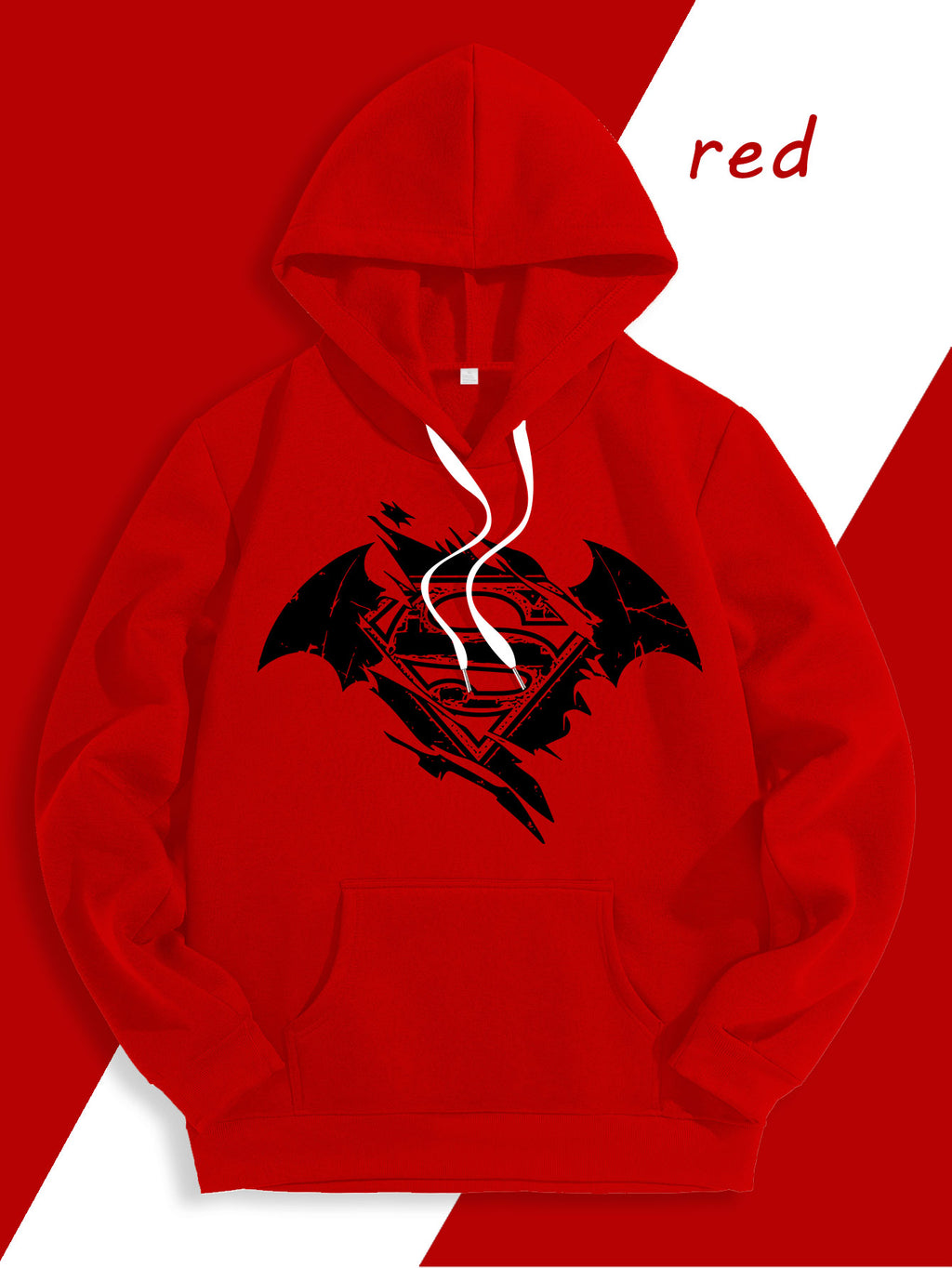 Warner Official Men's Hooded Sweatshirt, Black and White Distressed Batman Symbol Torn Wind Print Design, Machine Washable, Cozy and Comfortable Daily Drawstring Hooded Sweatshirt for Autumn and Winter, Versatile Sporty Casual Loose Fit - Red