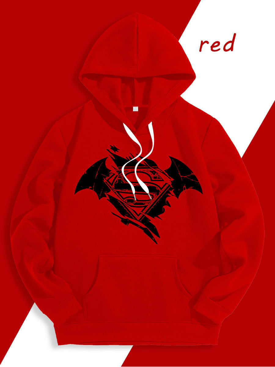 Warner Official Men's Hooded Sweatshirt, Black and White Distressed Batman Symbol Torn Wind Print Design, Machine Washable, Cozy and Comfortable Daily Drawstring Hooded Sweatshirt for Autumn and Winter, Versatile Sporty Casual Loose Fit - Red