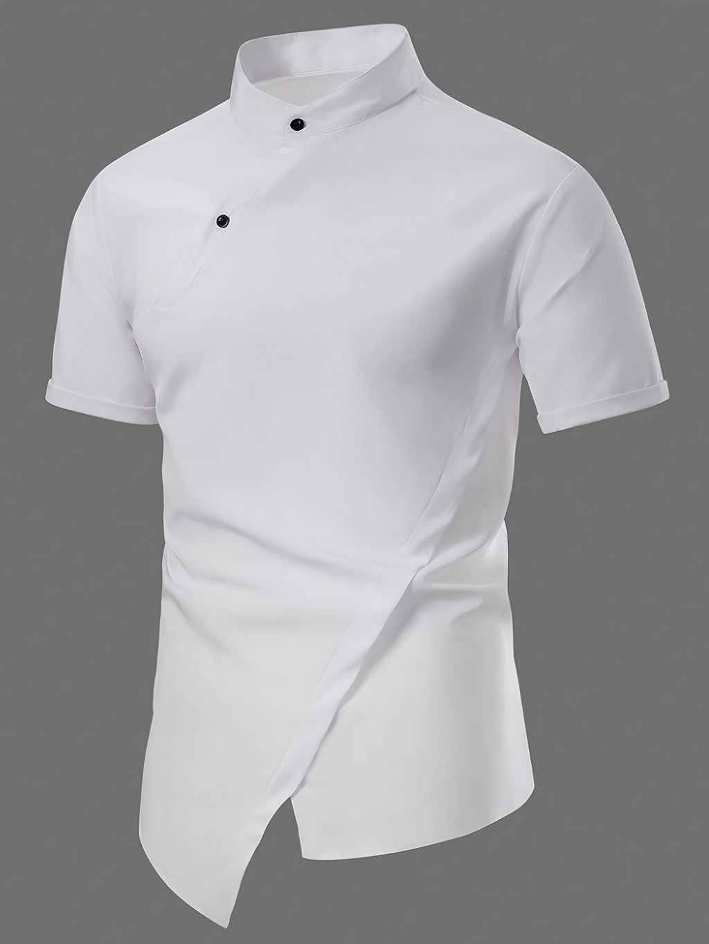 Men'S New Chinese Style Stand-Up Collar Short Sleeve Shirt, Slanted Collar Design with Oriental Elegance, Draping And Stiff Fabric, Delicate Texture And Skin-Friendly, Breathable And Non-Sweaty, Regular Hem with Design - White