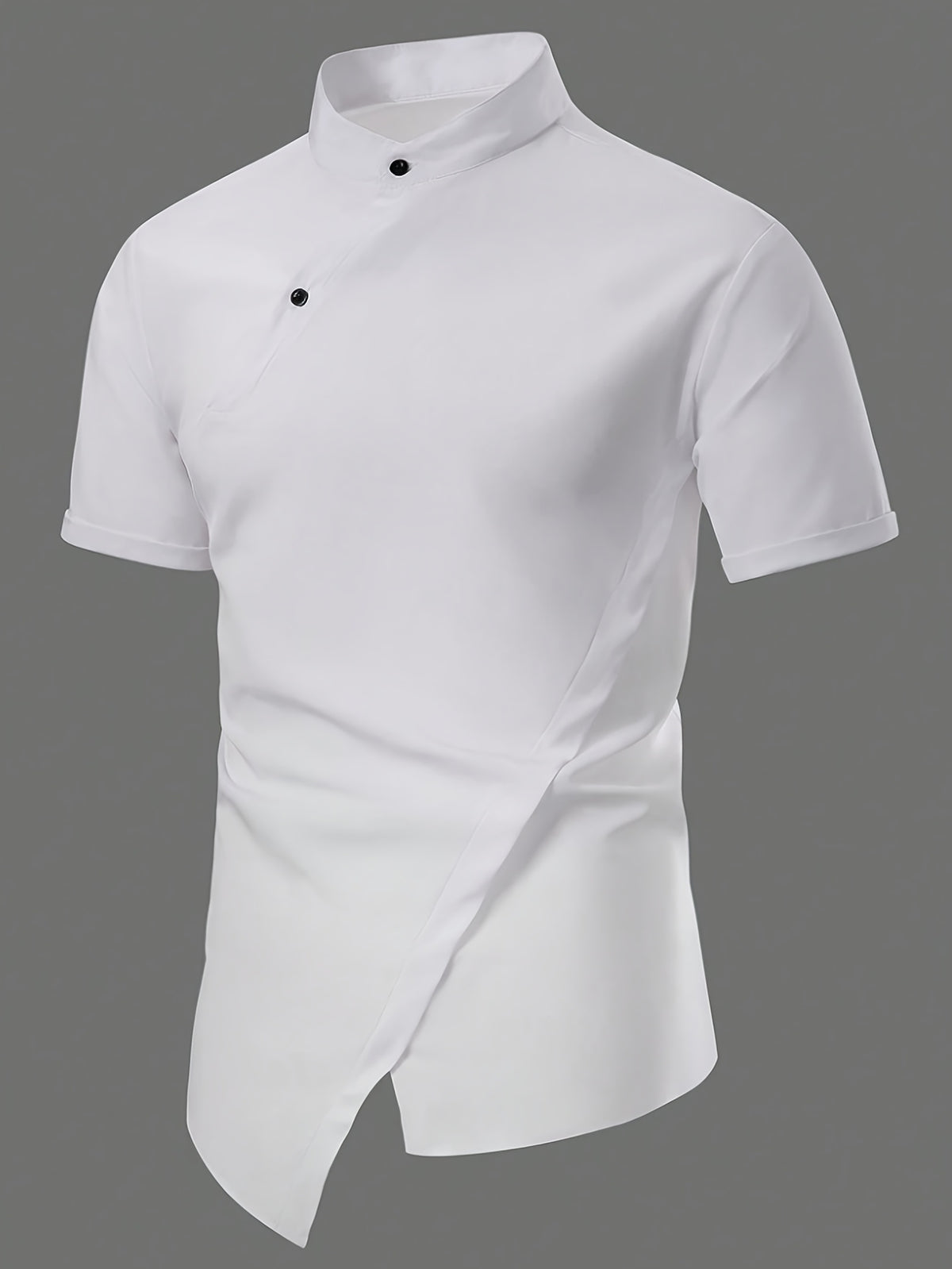 Men'S New Chinese Style Stand-Up Collar Short Sleeve Shirt, Slanted Collar Design with Oriental Elegance, Draping And Stiff Fabric, Delicate Texture And Skin-Friendly, Breathable And Non-Sweaty, Regular Hem with Design - White