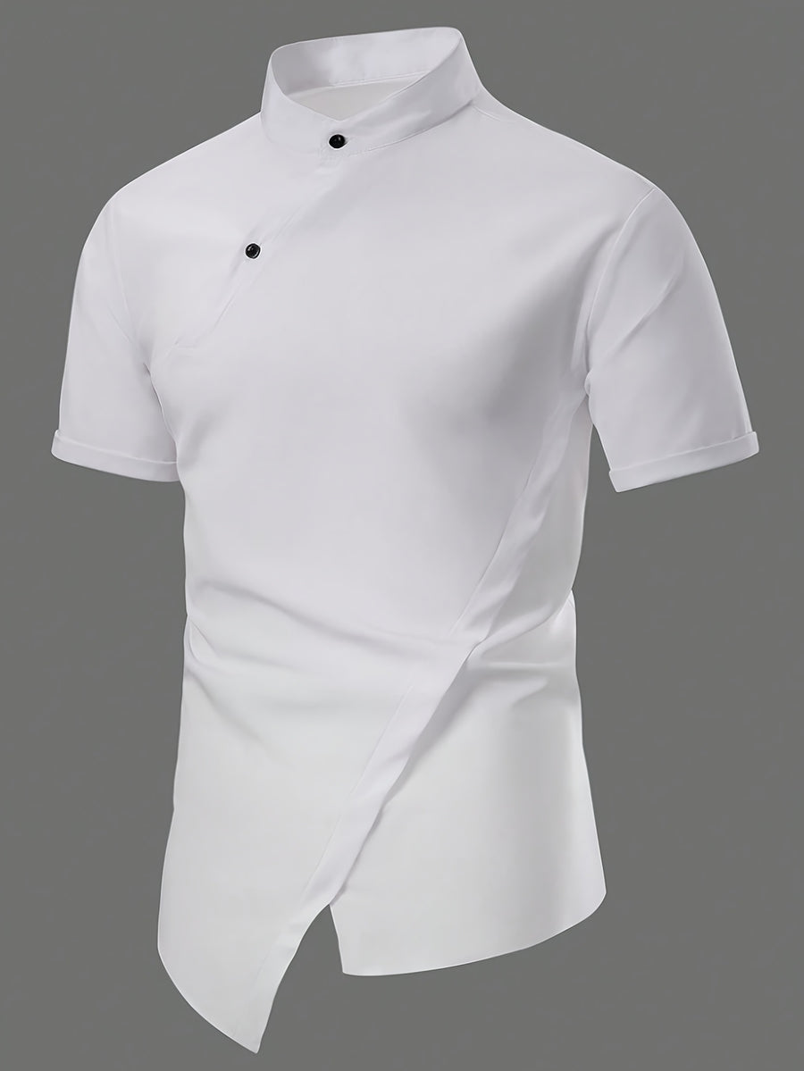 Men'S New Chinese Style Stand-Up Collar Short Sleeve Shirt, Slanted Collar Design with Oriental Elegance, Draping And Stiff Fabric, Delicate Texture And Skin-Friendly, Breathable And Non-Sweaty, Regular Hem with Design - White