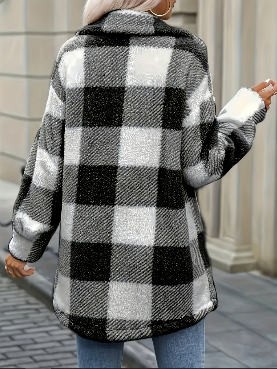 New Cross-Border Fashionable Casual Plaid Plush Jacket for Women - Black And White Grid