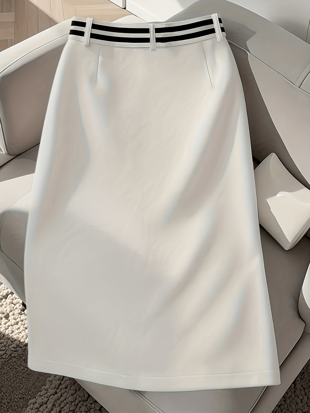 Elegant White High-waist Pleated Skirt with Black Button Accents - Stylish Polyester Fabric, Suitable for All Seasons, a Spring Fashion Choice | Elegant Dress - White