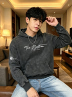 New Autumn/Winter Men's Trendy Letter Print Hooded Sweatshirt, Casual Daily Commute Pullover Top, Men's Fashion Sweatshirt - Black