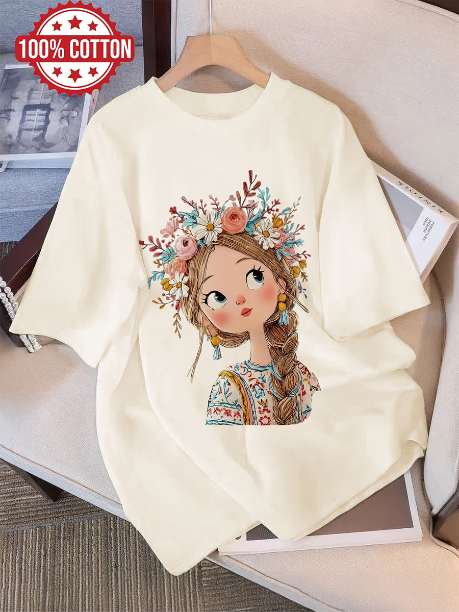 Graphic Print T-shirt, Short Sleeve Crew Neck Casual Top for Summer & Spring, Women's Clothing - Apricot