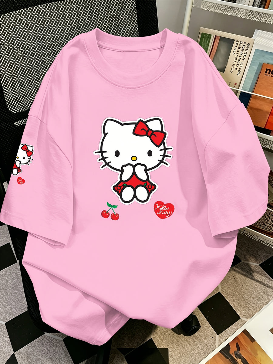 Sanrio Authorized Hello Kitty Print Women'S T-Shirt, Double Cherry Sweet Style for Spring And Summer, Machine Washable Without Deformation, Showcasing Refreshing Temperament - Pink