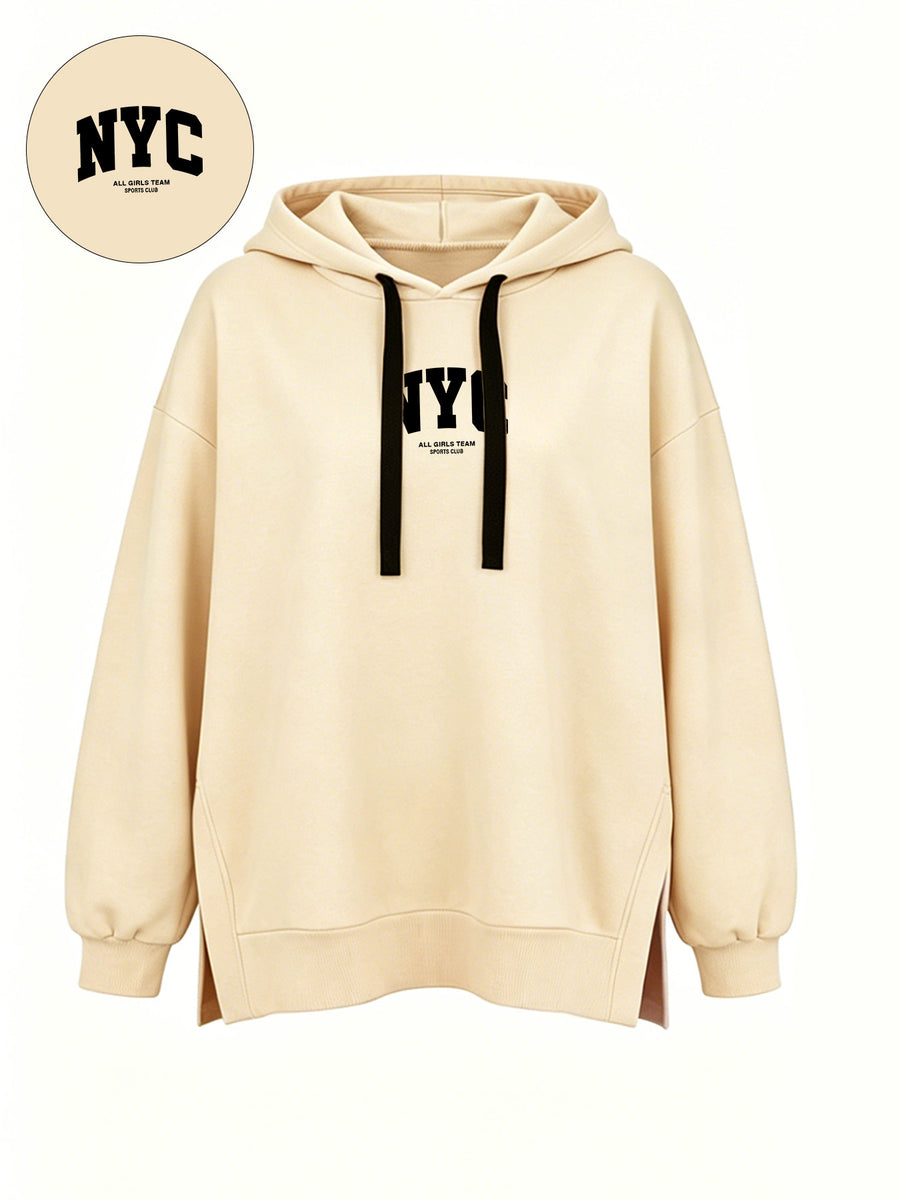 Women' S Fashion Hooded Sweatshirt for Autumn and Winter- Pattern Print Design, Side Slit Design, Hooded Sweatshirt - Apricot
