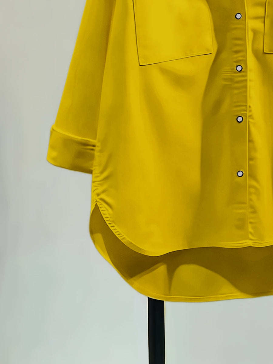 Women's Simple and Elegant Shirt Jacket, New Spring/Summer Style, Front Short Back Long, Versatile Loose Fit Casual Long Sleeve Top - Yellow
