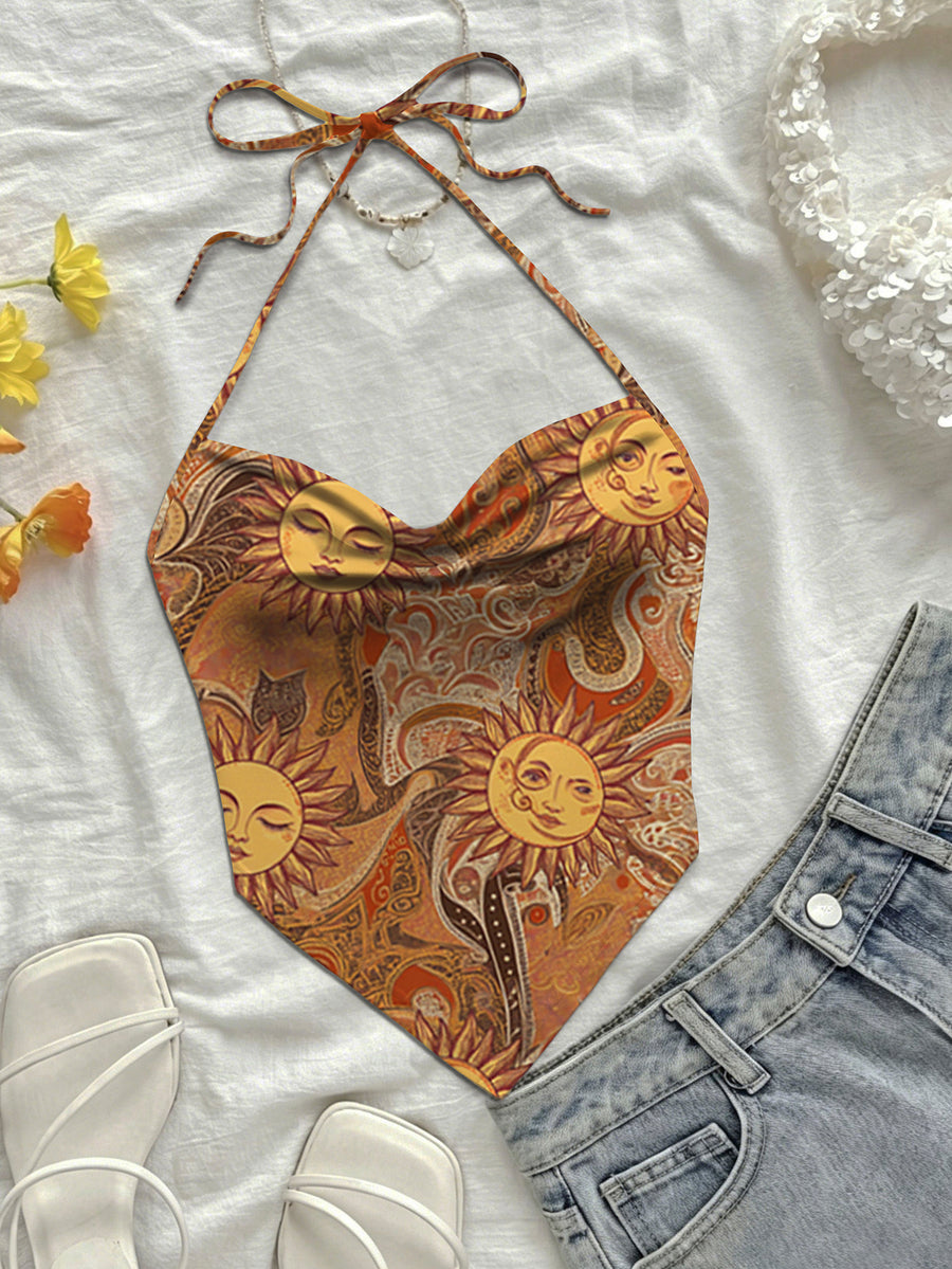Women Summer New Arrival Hot Boho Casual Beach Vacation Daily Wear Allover Floral Print Sweetheart Neck Halter Tie Crop Top - Light Brown-1