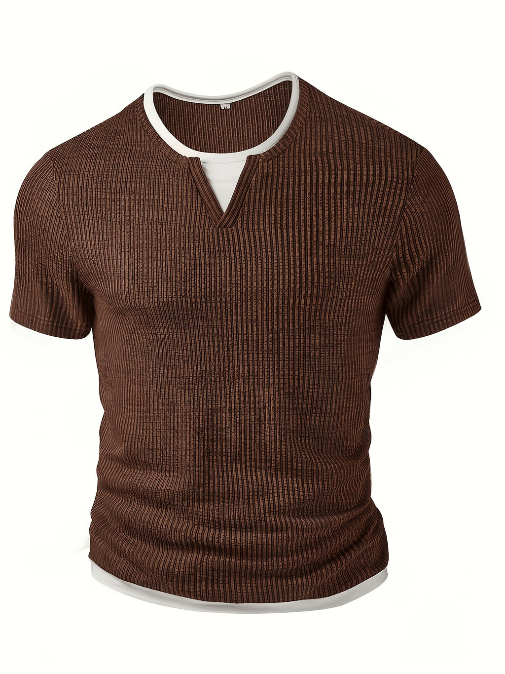 Men'S Fashion Men'S Top, Spring Summer Casual Textured Ribbed Fabric Contrast Color Patchwork Round Neck Short Sleeve Men'S Henley Shirt - Olive Green