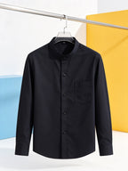 Men'S Mandarin Collar Long Sleeve Dress Shirts, Full Single Button Shirts with Chest Pocket, Solid Color Business & Daily Casual Tops - Black