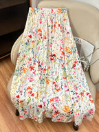 Women's A-Line Floral Print Maxi Skirt - Elegant All-Season Long Flowy Skirt with Vibrant Botanical Design, Machine Washable & Versatile for Casual Formal Wear, Cute Skirts, Relaxed Fit Garment, Everyday Outfit, Easy Care, Fashion Lovers - Multicolor