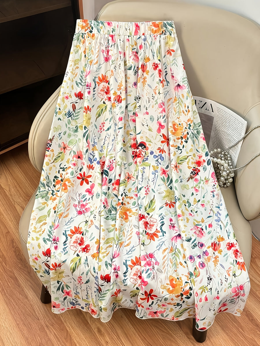 Women's A-Line Floral Print Maxi Skirt - Elegant All-Season Long Flowy Skirt with Vibrant Botanical Design, Machine Washable & Versatile for Casual Formal Wear, Cute Skirts, Relaxed Fit Garment, Everyday Outfit, Easy Care, Fashion Lovers - Multicolor