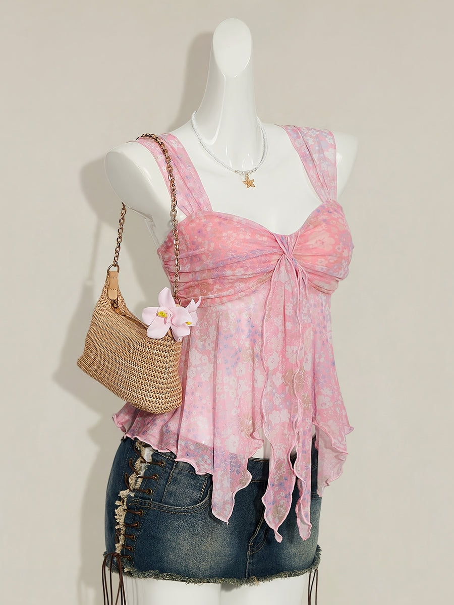Women'S Ditsy Floral Asymmetrical Hem Cute Floral Top, Cute Summer Top Autumn Women'S Wear Niannian - Bright Pink Color