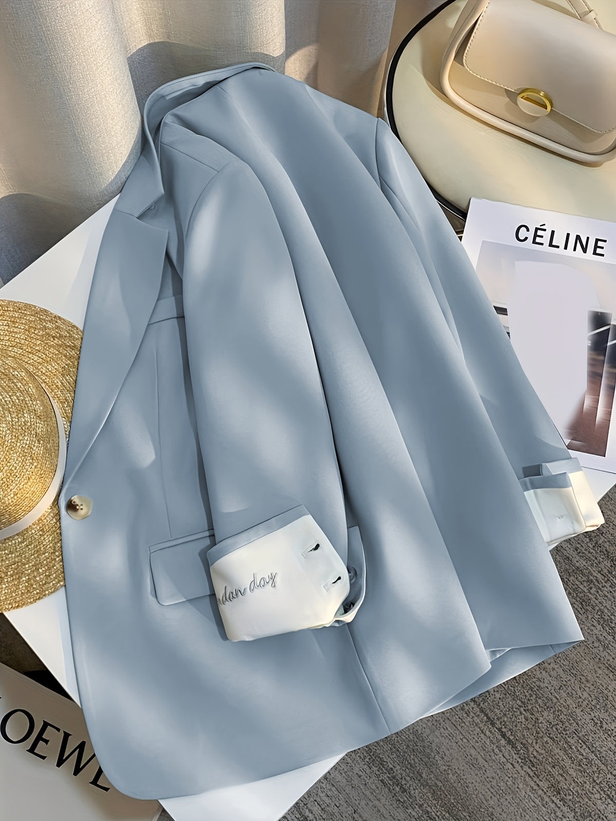 Solid Color Embroidered Blazer for Women, New Korean-Style Fashion for Spring And Autumn 2025, Trendy One-Button Small Suit - Light Blue