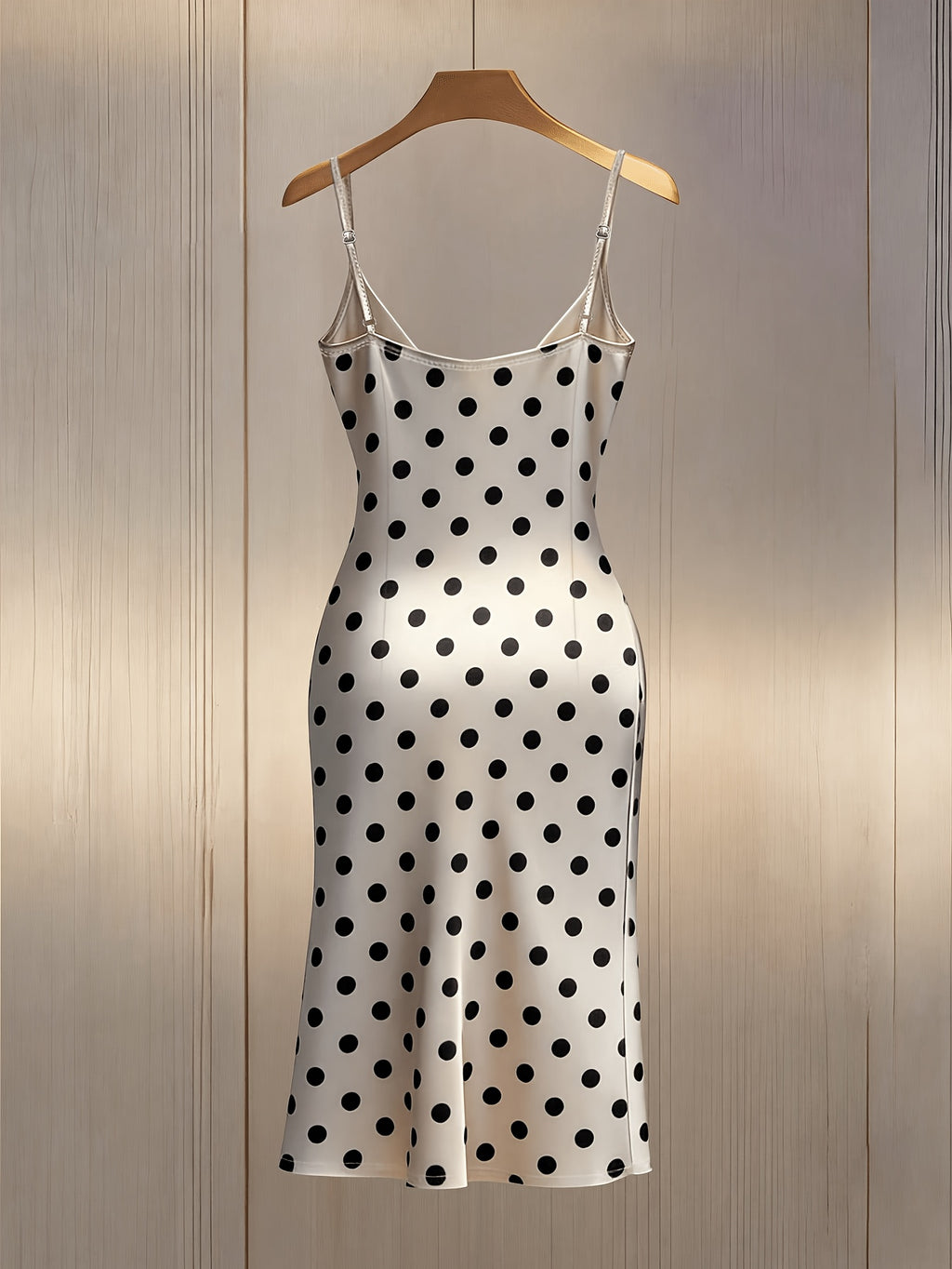 Women'S Classic Polka Dot Satin V-Neck Cami Dress with Side Seam Ruffles And Pearl Embellishment, Elegant Light Luxury Satin Slit Short Dress, Women'S Spring Summer Dress - Beige