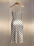 Women'S Classic Polka Dot Satin V-Neck Cami Dress with Side Seam Ruffles And Pearl Embellishment, Elegant Light Luxury Satin Slit Short Dress, Women'S Spring Summer Dress - Beige