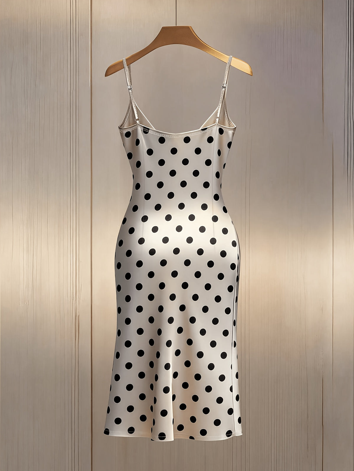 Women'S Classic Polka Dot Satin V-Neck Cami Dress with Side Seam Ruffles And Pearl Embellishment, Elegant Light Luxury Satin Slit Short Dress, Women'S Spring Summer Dress - Beige