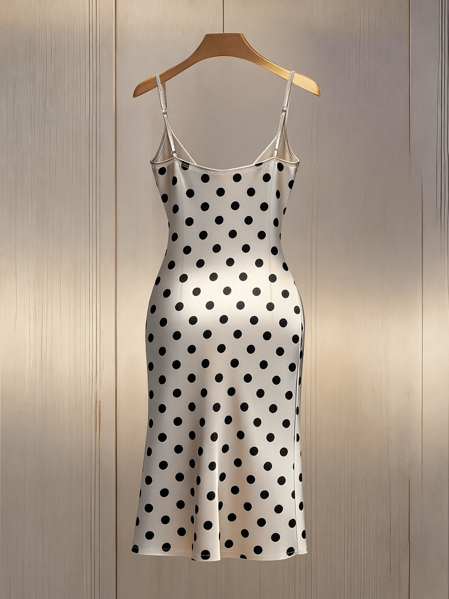 Women'S Classic Polka Dot Satin V-Neck Cami Dress with Side Seam Ruffles And Pearl Embellishment, Elegant Light Luxury Satin Slit Short Dress, Women'S Spring Summer Dress - Beige