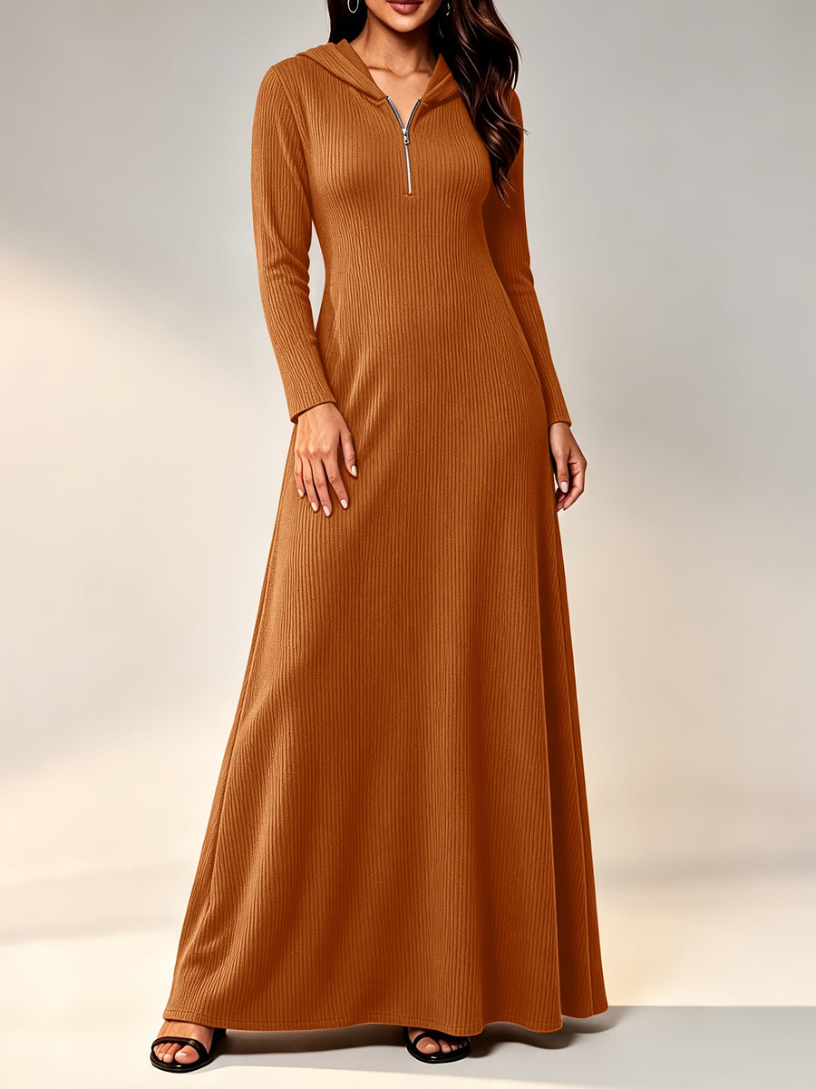Plus Size - Western Plus Size Women'S Ribbed Hooded Long Dress, Half-Open Zipper Long Sleeve Fitted Flared Casual Floor-Length Skirt - Dark Brown