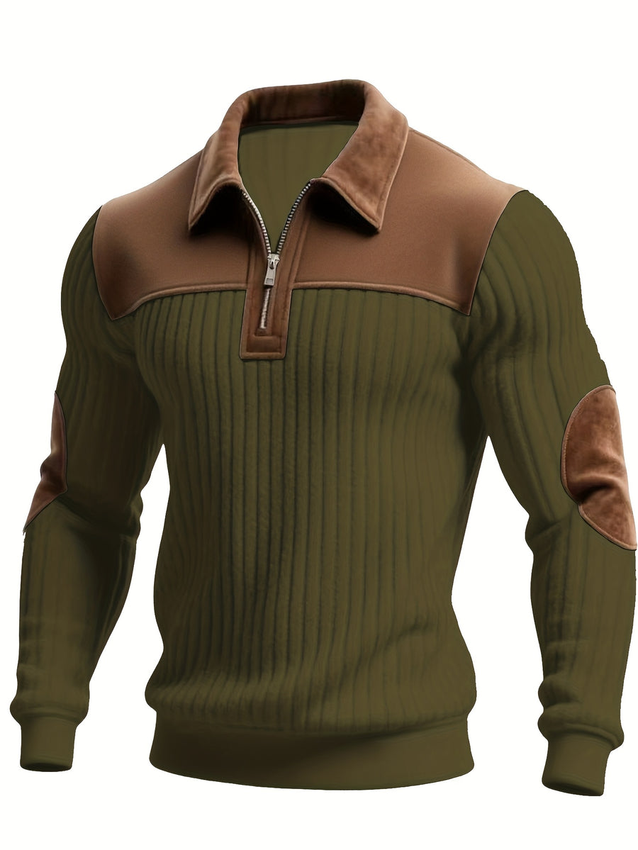 Men's Color-Block Design Casual Stand Collar Pullover - Ribbed Color-Block Patchwork, Thick and Warm Pullover, Stand Collar with Zipper Design, Suitable for Daily Casual Fashion, Simple and Versatile for Outings and Commuting, Long-Sleeve  Pullover - Olive