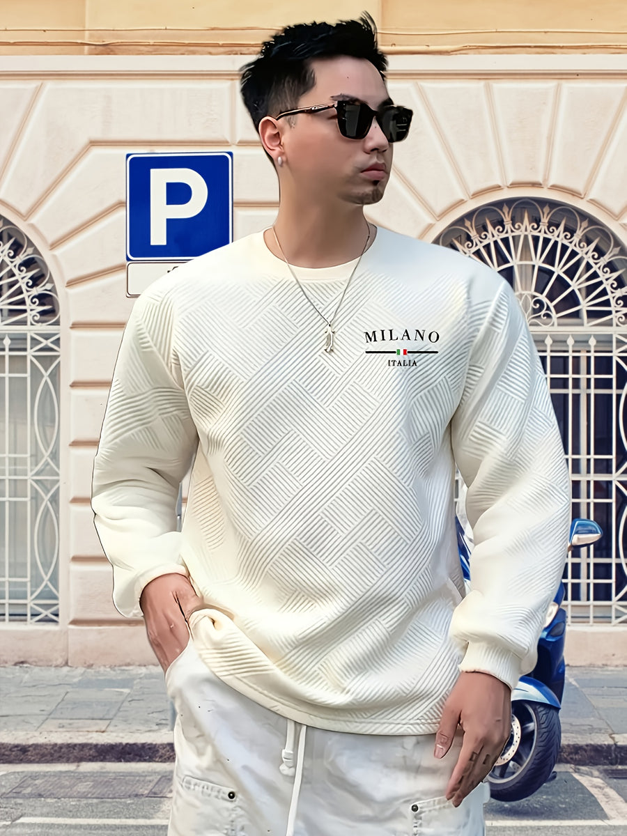 Men'S Spring Autumn Casual Long Sleeve Sweatshirt Daily All-Match Heavy Jacquard Round Neck Sweatshirt, Regular Fit, Outdoor, Crew Neck, Geometric Print - White
