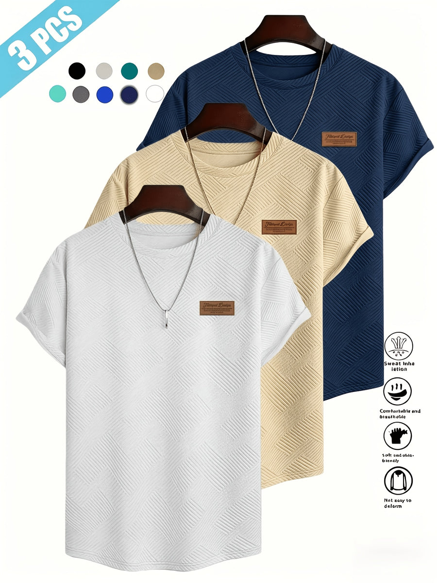 [Villa Le Water OBM] 3pcs Set Men'S Summer Fashion Round Neck T-Shirt, 3D Geometric Pattern Men'S Top, Comfortable And Versatile Short Sleeve, Suitable for Outdoor Street, Daily Casual, Outdoor Sports - White + Apricot + Tibetan Blue