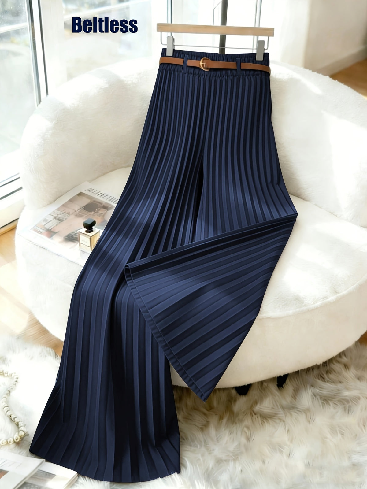ASD1 Women's New Elegant Solid Color Stretch Waist Pleated Wide-Leg Pants, Designed Specifically for Commuting, Belt Not Included - Navy Color