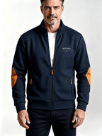Men'S Autumn Winter Sports Stand-Collar Zipper Pocket Jacket, Spring Autumn Versatile Zipper Cardigan Top, Fashionable Plaid Jacquard Texture Fabric, Stylish Elbow Classic Color-Block Casual Coat, Suitable As Men'S Holiday Gift - Navy Color
