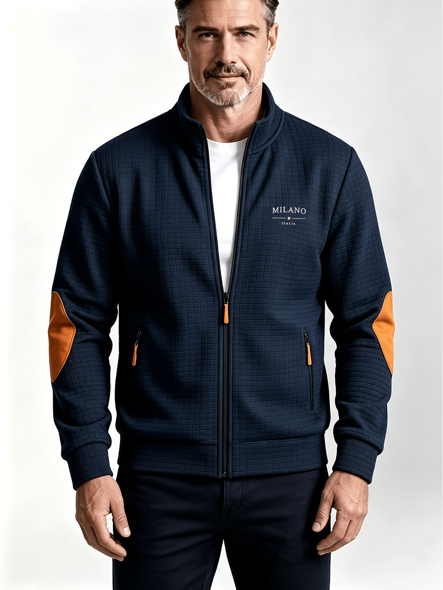 Men'S Autumn Winter Sports Stand-Collar Zipper Pocket Jacket, Spring Autumn Versatile Zipper Cardigan Top, Fashionable Plaid Jacquard Texture Fabric, Stylish Elbow Classic Color-Block Casual Coat, Suitable As Men'S Holiday Gift - Navy Color