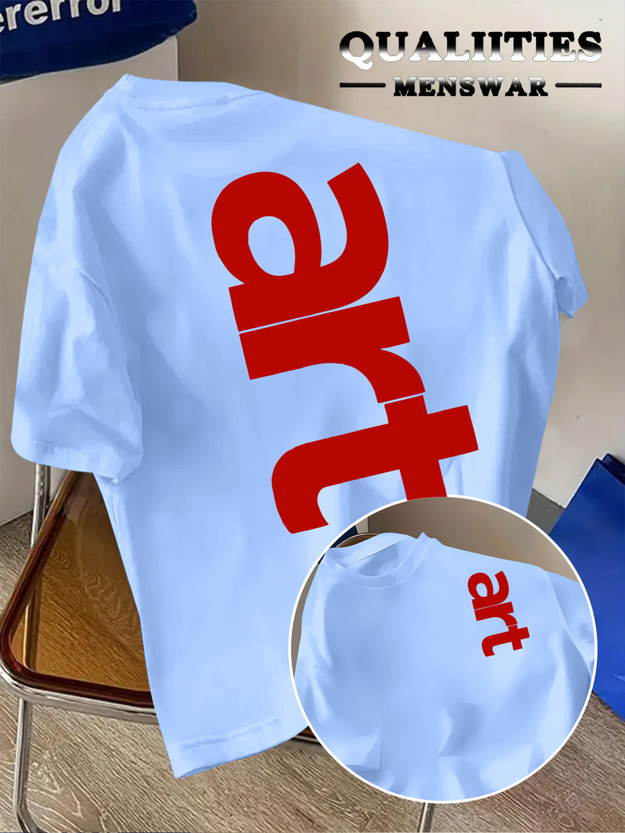 Men'S Fashion Short Sleeve T-Shirt, Minimalist Red Letter Pattern Print, Casual Regular Knit Tee, Suitable for Daily Wear, Couple Style, Unisex, Summer New Arrival, Versatile Style - Light Blue