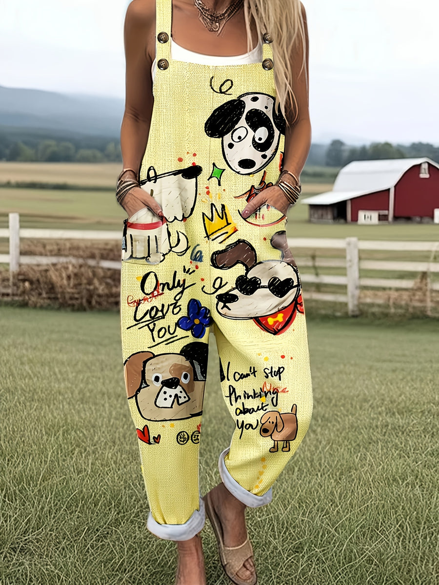 [Printed Pants - Not Denim Fabric][Imitation Denim] New European And American Women'S Fashion Featuring Stylish Faux Denim Animal Print Casual Overalls, Versatile And Comfortable Breathable Fabric for Fall Pants - Bright Yellow