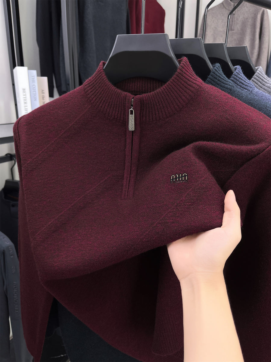 Autumn Winter Knit 3D Solid Color High Neck Half-Zip Sweater, Basic Knit Pullover Top for Men, Fashionable Long Sleeve HJ - Burgundy color