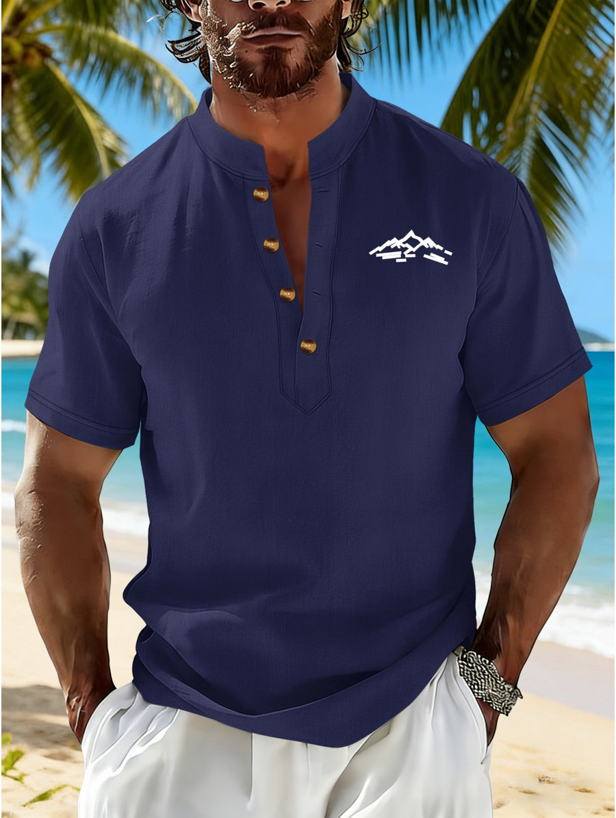 Men's Mountain Graphic Short Sleeve Henley Shirt, Mandarin Collar Half Placket Button Casual T-Shirt, Lightweight And Linen Blend Texture Summer Beach Tops - Navy Color