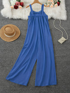 Square Neck Loose Jumpsuit | Non-Stretch Fabric, Ruffle Details, Long Length, Perfect For Adult, Casual Style For Spring/Summer/Fall - Blue