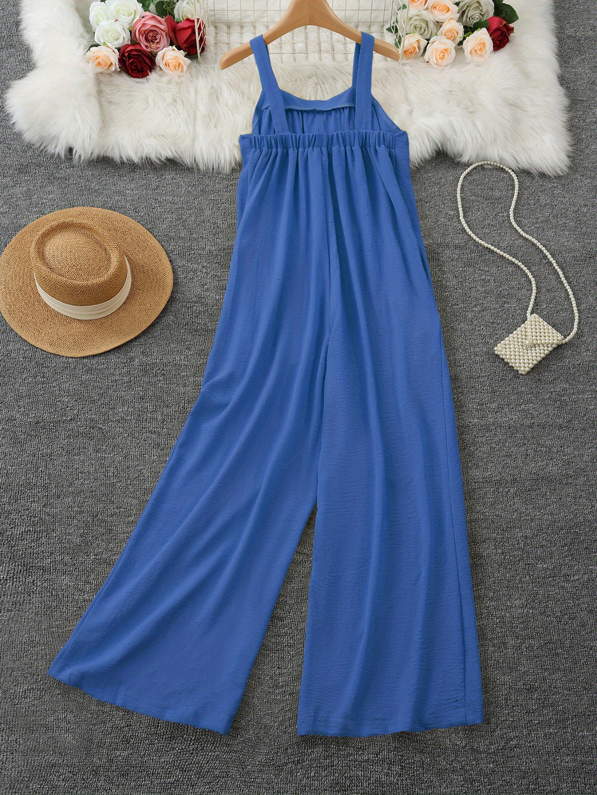 Square Neck Loose Jumpsuit | Non-Stretch Fabric, Ruffle Details, Long Length, Perfect For Adult, Casual Style For Spring/Summer/Fall - Blue