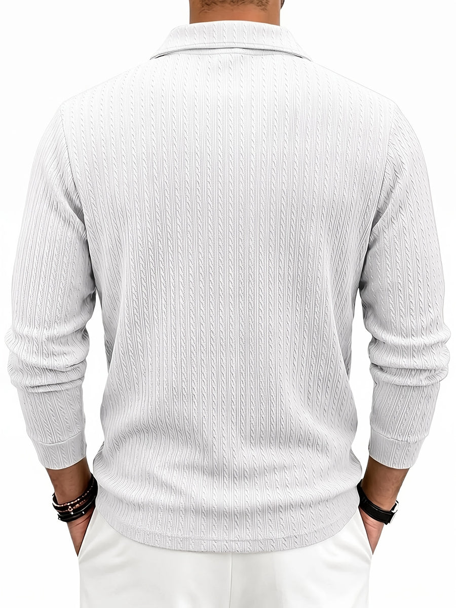 Men'S Casual Jacquard Polo Shirt, Autumn Easy Style Elastic Long Sleeve Textured Fabric Slim Fit Base Layer Top - White